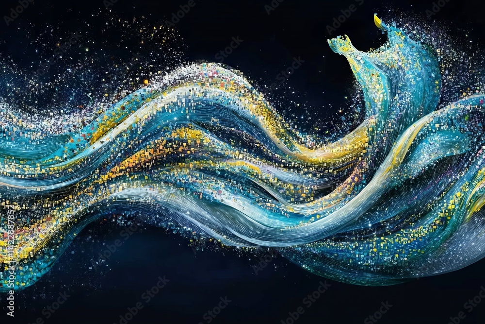 Poster a painting of a wave with a splash of color. symbolizing the intersection of big data with exam topi