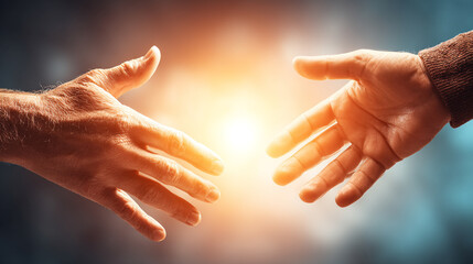 Two hands reaching toward each other from above symbolizing compassion unity support and hope in times of need emphasizing human connection kindness and mutual understanding on a blurred background

