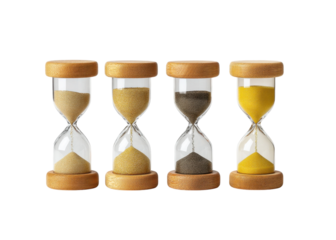 Four sand timers with different colored sand on a transparent background. Concept of time, deadline, and countdown.