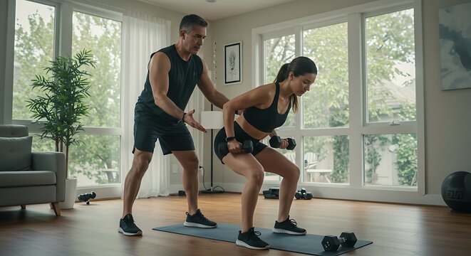 Home Fitness Training: Woman Doing Dumbbell Rows with Personal Trainer - Powered by Adobe