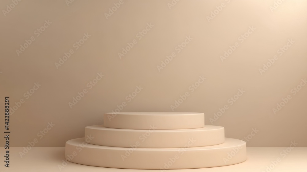 Poster a minimalist display pedestal featuring three circular levels against a soft beige background, ideal