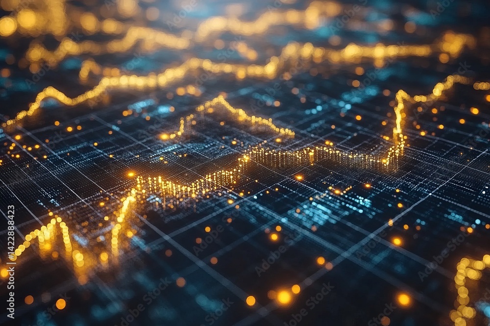 Poster a computer generated image of a cityscape with yellow lines and dots. symbolizing the intersection o
