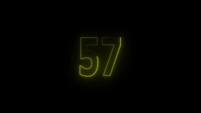 Glowing neon countdown 57 number animation. Countdown timer number animation.