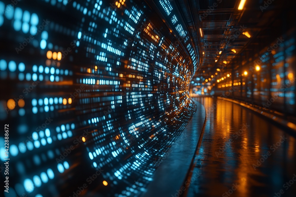 Poster a tunnel with a blue and orange light display. symbolizing the intersection of big data with exam to