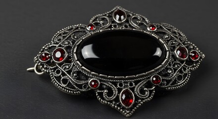 Gothic Silver Brooch with Black Onyx and Vintage Design