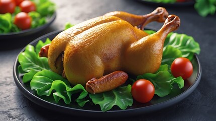 Roasted Chicken Feast Golden bird on a black plate adorned with lettuce and vibrant red tomatoes