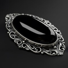 Gothic Silver Brooch with Black Onyx and Vintage Design