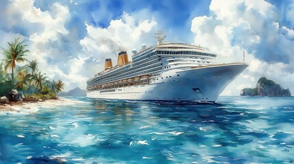 cruise to tropical island clipart watercolor illustration detailed illustration - image stock