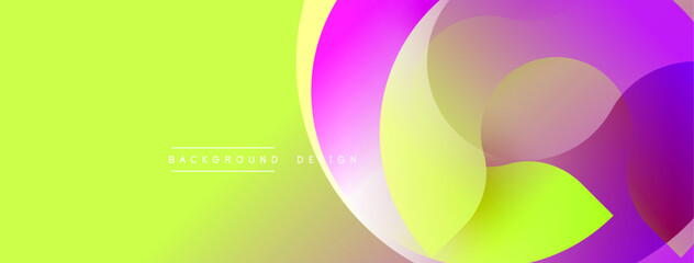 Vibrant abstract background. Overlapping circles create dynamic flow, transitioning from yellow to magenta, purple, blue hues. Modern design element.