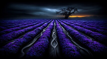 Obraz premium Ethereal lavender field landscape under a dramatic sky with a solitary tree