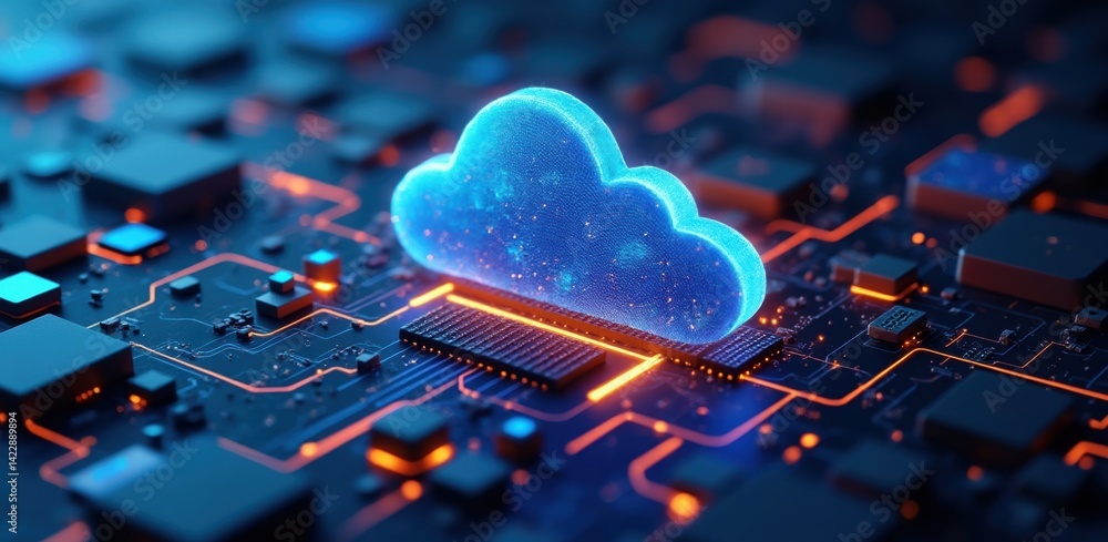 Aufkleber a digital cloud icon sits on a circuit board, symbolizing cloud computing and technology integration