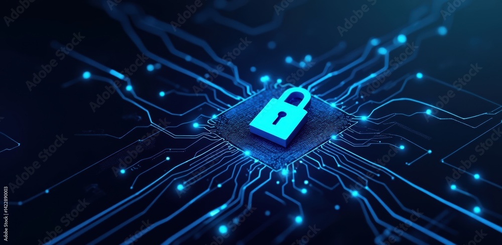 Poster a digital illustration of a blue padlock on a microchip, symbolizing cybersecurity and data protecti
