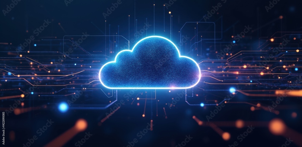 Poster a glowing cloud symbol surrounded by digital circuits and lights, representing cloud computing and t