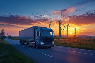 Obraz premium Truck Driving on Road with Wind Turbines at Sunset in Landscape