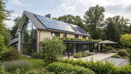 A modern house featuring solar panels, surrounded by lush greenery and a spacious outdoor area for relaxation and leisure.