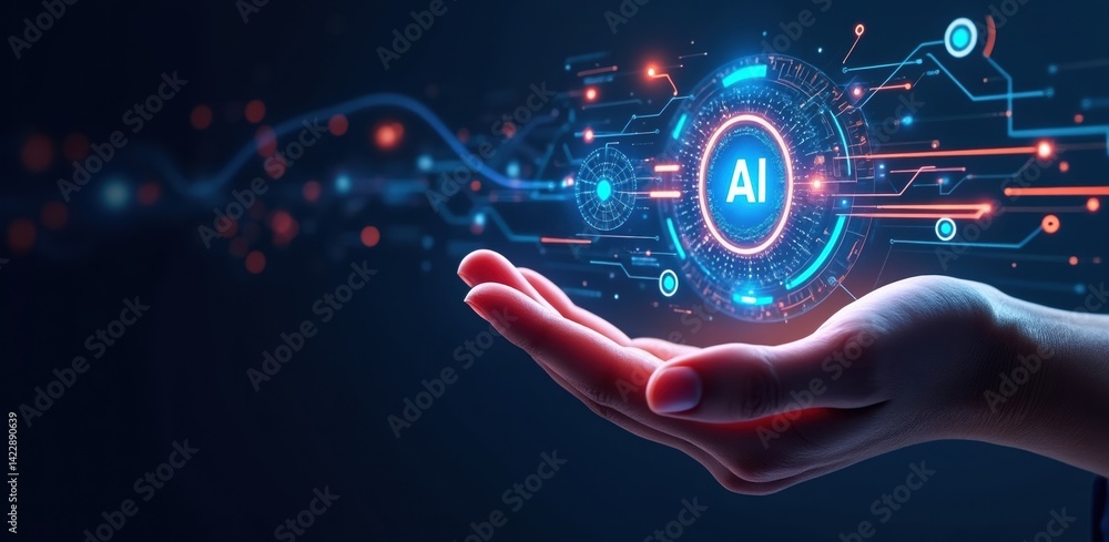 Poster a hand holds a glowing ai symbol, surrounded by vibrant digital circuits, representing the integrati