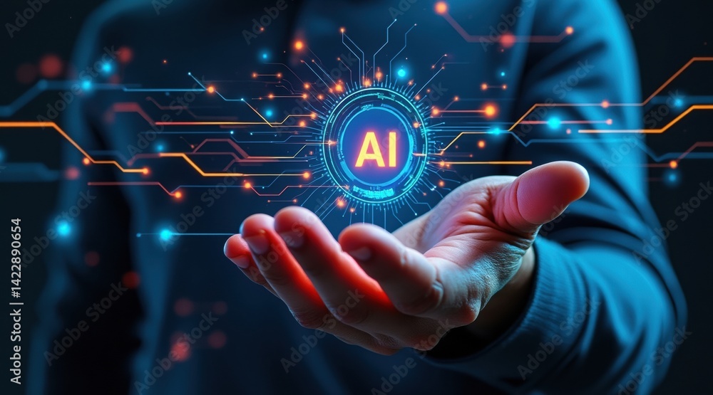 Poster a hand holds a glowing representation of ai, surrounded by digital circuits, symbolizing technology 