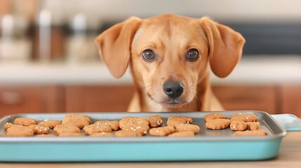 A cute dog eagerly watches freshly baked treats on a tray, showcasing a delightful moment in the kitchen.