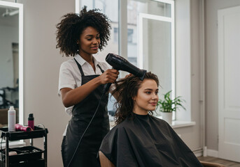 Hairdresser using styling tools on client’s hair in trendy and bright beauty salon.