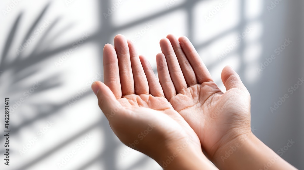 Aufkleber a pair of open hands illuminated by soft light, casting gentle shadows, symbolizing openness, recept