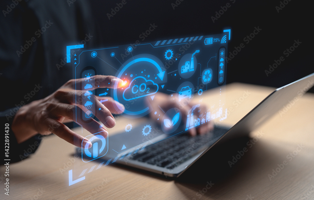 Poster businessman interacts with a digital interface displaying environmental data, including co2 metrics,
