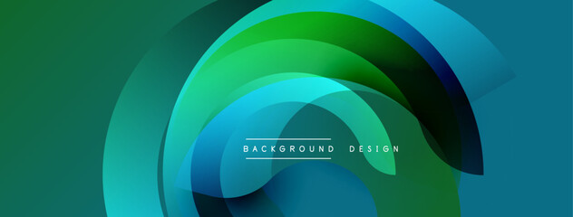 Abstract background features overlapping curved layers. Gradient shades transition from deep teal to vibrant green. Modern design evokes fluidity, depth, visual harmony.