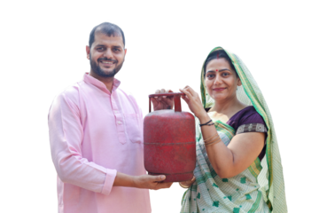 Rural Indian couple with LPG Gas Cylinder for cooking in kitchen standing isolated over white background. Empowering Women. Clean energy. India
