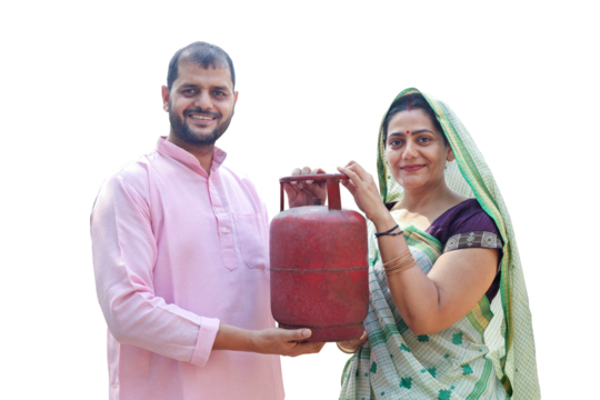 Rural Indian couple with LPG Gas Cylinder for cooking in kitchen standing isolated over white background. Empowering Women. Clean energy. India