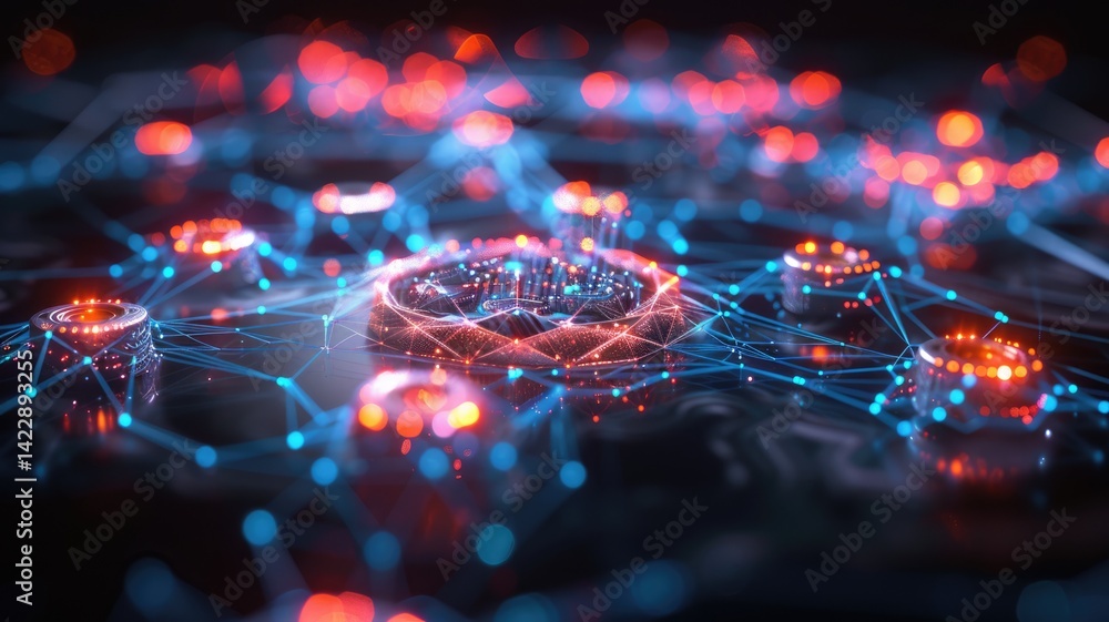Poster a digital 3d model showcasing connected coins in a vibrant network. ideal for visualizing cryptocurr