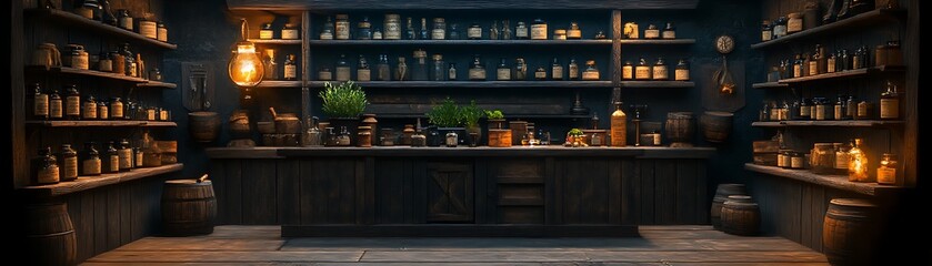 Dark Wooden Apothecary Shop Interior