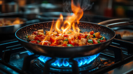 Hot oil bubbles intensely in a black frying pan over a blue gas flame symbolizing heat transformation energy and the beginning of a creative culinary process full of anticipation and potential


