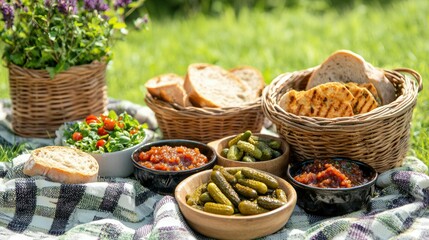 A picnic scene with chutney pickles served in small bowls, paired with bread and grilled meats.