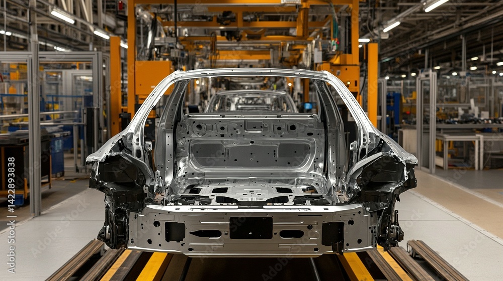 Poster empty car chassis moves through an automated assembly line.