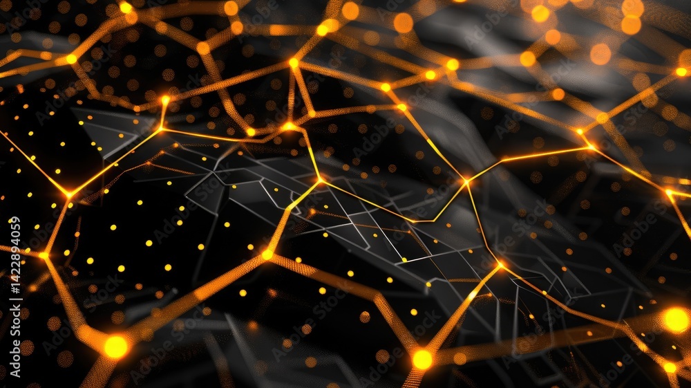 Poster discover a captivating blockchain-inspired background featuring a network of glowing lines and nodes