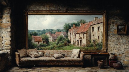 Cozy Interior with a Framed Landscape Painting in Rustic Setting