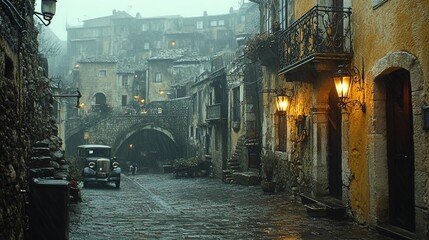 Romantic historic street in rain with vintage car and old buildings
