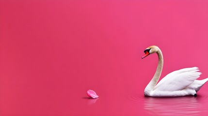 Elegant Swan Floating Gracefully on Bright Pink Water Background