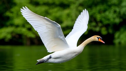 Majestic White Swan in Flight Over Calm Green Water Landscape