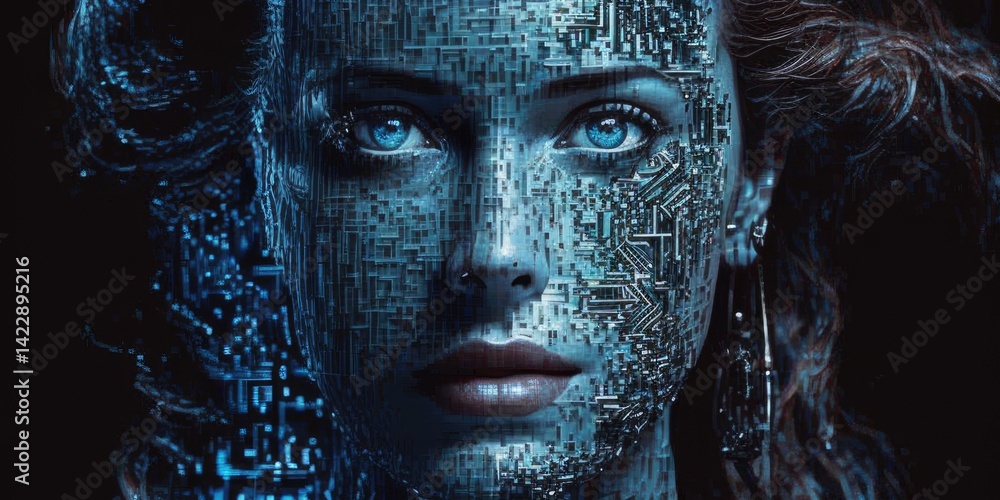 Aufkleber digital portrait of a person with pixelated texture on a green background. human or human robotic lo
