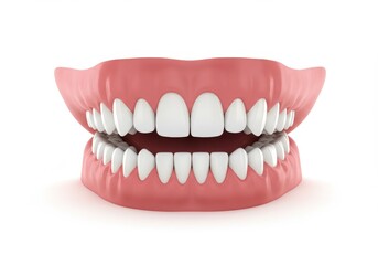 Obraz premium A set of dentures with white teeth and pink gums displayed on a white background in a studio shot