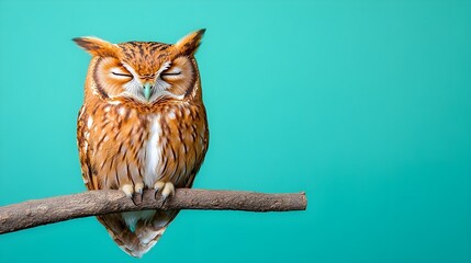 Peaceful Owl Perched on a Branch Against a Bright Teal Background