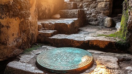Ancient Stone Steps Leading to a Decorative Bronze Plate in Ruins
