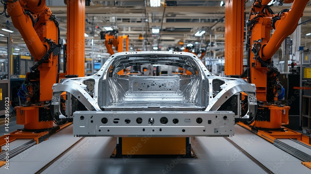 Poster automated car chassis assembly line in a modern factory.
