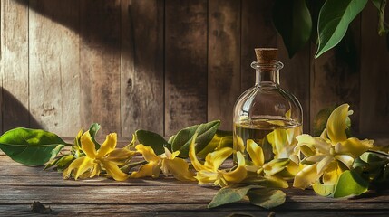 Aromatic Ylang-Ylang Oil Still Life, Essential Oil and Flowers on Wood