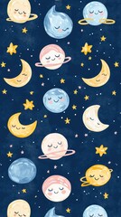 Cute Planets and Moons in Night Sky Pattern