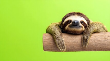 Cute Sloth Relaxing on a Wooden Log Against a Green Background