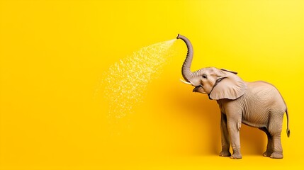 Cute Elephant Spraying Water Against Bright Yellow Background