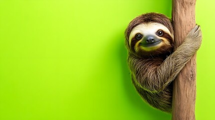 Cute Sloth Hanging on a Tree Branch with a Bright Green Background