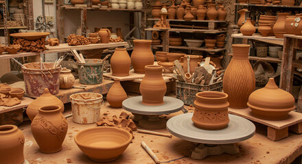 Artisan Pottery Workshop Unfired Clay Vessels Tools and Kiln Preparation