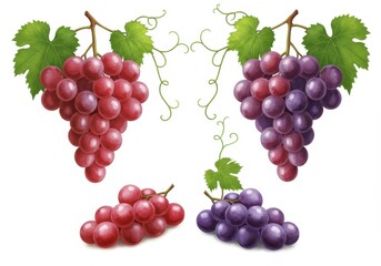 Fototapeta premium Illustration of red and purple grapes with leaves and vines on a white background design element